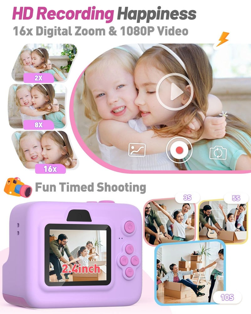Yehtta Instant Print Camera for Kids, Christmas Birthday Gifts for 3-12 Year Old Girls Boys, 2.4in Screen 1080P Video Digital Camera Toys for Kids Age 4 5 6 7 8 9 10 with 3 Rolls Print Paper 32G Card - Image 3