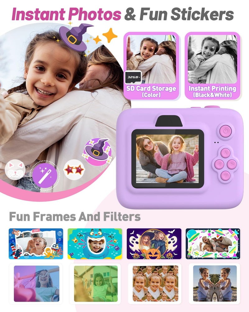Yehtta Instant Print Camera for Kids, Christmas Birthday Gifts for 3-12 Year Old Girls Boys, 2.4in Screen 1080P Video Digital Camera Toys for Kids Age 4 5 6 7 8 9 10 with 3 Rolls Print Paper 32G Card - Image 4