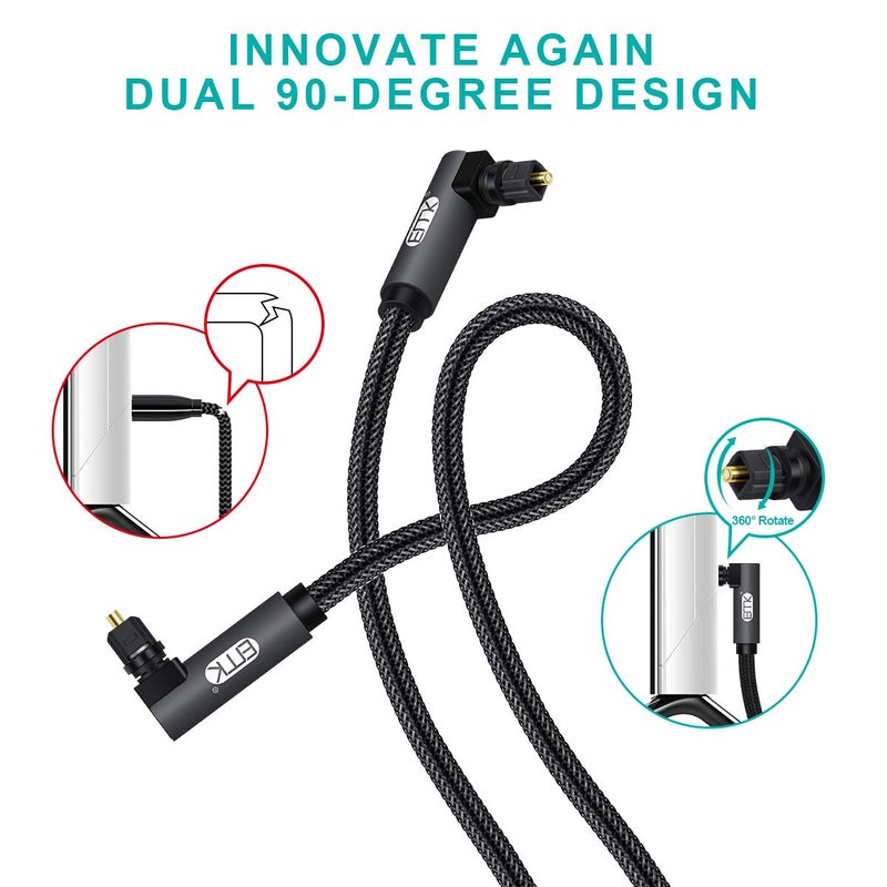 EMK 【Upgraded】 Double 90 Degree Optical Audio Cable Free-Rotating Toslink Plug Nylon Braided S/PDIF Digital Right Angle Optical Male to Male Cable for Home Theater,Sound Bar,TV(6.6ft/2m) - Image 3