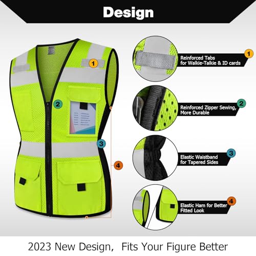 TCCFCCT Safety Vest for Women 11 Pockets Mesh Reflective Vest with Zipper, High Visibility Neon Construction Work Vest for Lady Workers/Drivers, Snug-Fit & Durable, ANSI Compliant, Yellow M - Image 3