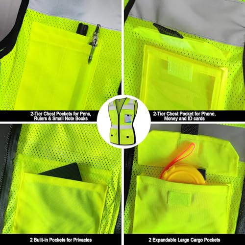 TCCFCCT Safety Vest for Women 11 Pockets Mesh Reflective Vest with Zipper, High Visibility Neon Construction Work Vest for Lady Workers/Drivers, Snug-Fit & Durable, ANSI Compliant, Yellow M - Image 4