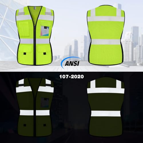 TCCFCCT Safety Vest for Women 11 Pockets Mesh Reflective Vest with Zipper, High Visibility Neon Construction Work Vest for Lady Workers/Drivers, Snug-Fit & Durable, ANSI Compliant, Yellow M - Image 2