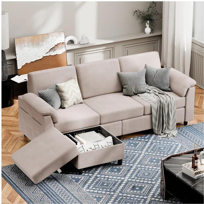 Comfynest Linen L-Shape Sofa with Ottoman - Image 5