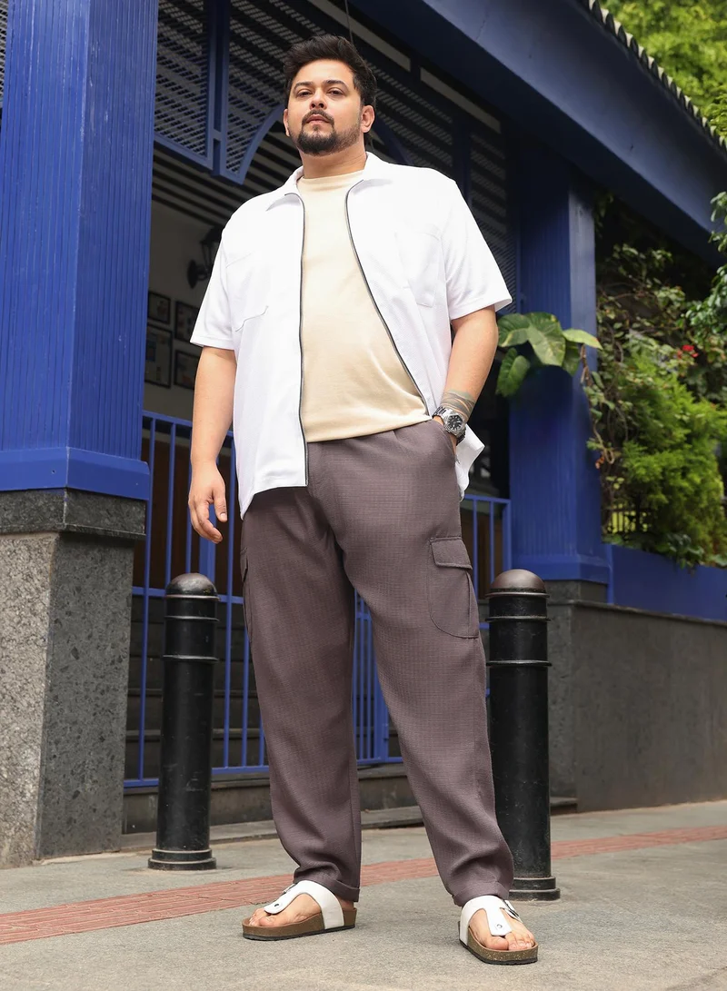 انستافاب بلس Instafab Plus Men Utility Relaxed-Chino Trousers | Mid-Rise , Side Elasticated Stretch | Button Closure , Cuffed-Straight Hem | Solid Textured | Woven Fabric For Casual & Street Wear | Dark Coffee