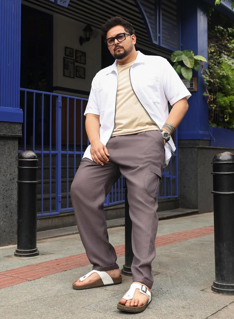 انستافاب بلس Instafab Plus Men Utility Relaxed-Chino Trousers | Mid-Rise , Side Elasticated Stretch | Button Closure , Cuffed-Straight Hem | Solid Textured | Woven Fabric For Casual & Street Wear | Dark Coffee