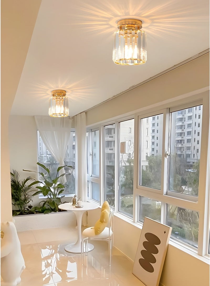 Luxury Round Gold Crystal Flush Mount Ceiling Light with Cylindrical Crystal Shade, Modern LED Chandelier Lighting Fixture for Hallway, Foyer, Corridor, Living Room, Bedroom(Gold) - Image 1