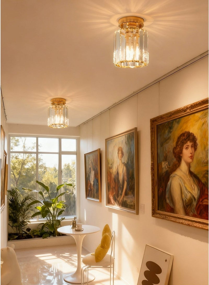 Luxury Round Gold Crystal Flush Mount Ceiling Light with Cylindrical Crystal Shade, Modern LED Chandelier Lighting Fixture for Hallway, Foyer, Corridor, Living Room, Bedroom(Gold) - Image 3