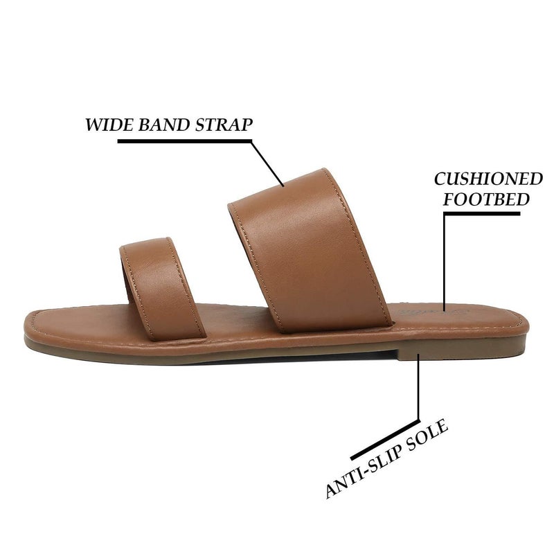 katliu Women's Flat Sandals Two Strap Slide Sandals Open Toe Brown 8 - Image 4