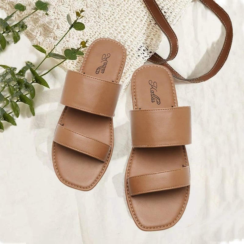 katliu Women's Flat Sandals Two Strap Slide Sandals Open Toe Brown 8 - Image 3