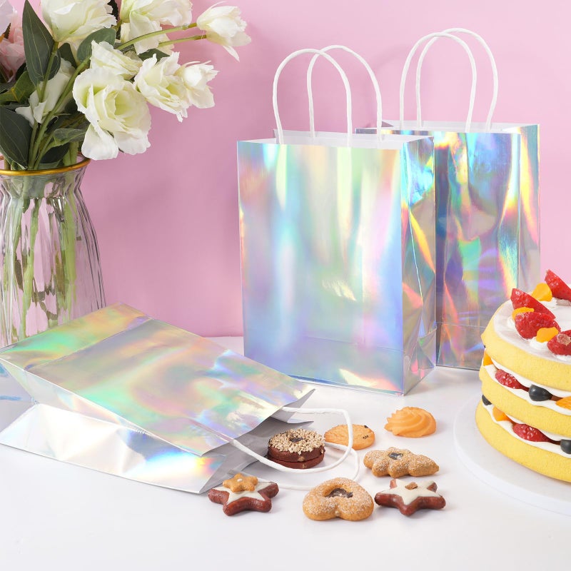 Pascliyna 24 Pcs Iridescent Gift Bags Decorations, Holographic Foil Party Favor Bags with Handles, Glitter Paper Candy Goodie Bag with 24 Tissue Paper for Graduation Birthday Baby Shower Party Supplies - Image 4