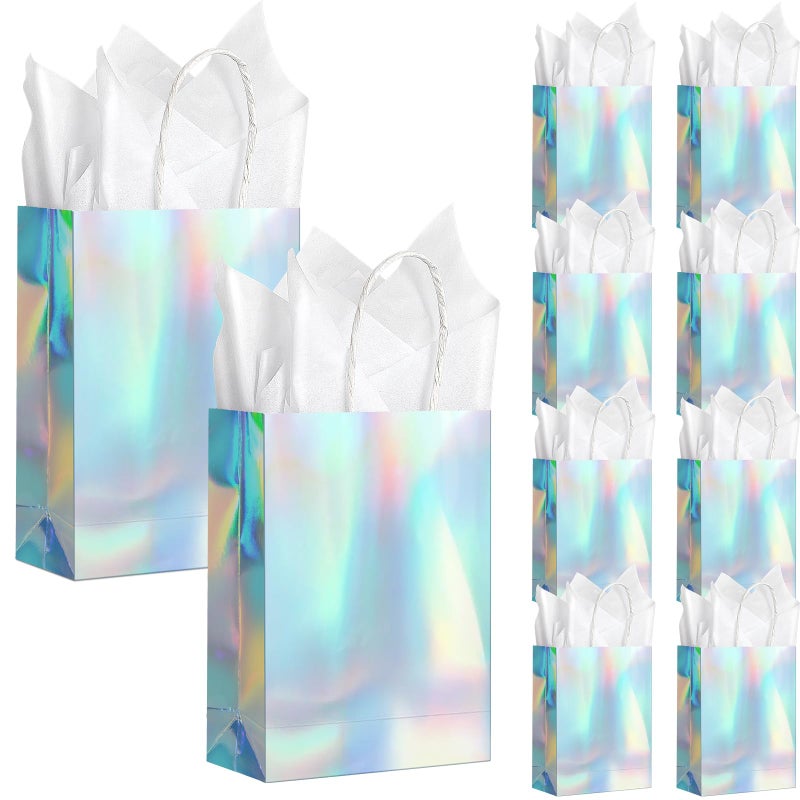 Pascliyna 24 Pcs Iridescent Gift Bags Decorations, Holographic Foil Party Favor Bags with Handles, Glitter Paper Candy Goodie Bag with 24 Tissue Paper for Graduation Birthday Baby Shower Party Supplies - Image 1