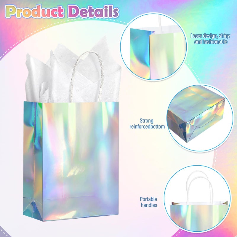 Pascliyna 24 Pcs Iridescent Gift Bags Decorations, Holographic Foil Party Favor Bags with Handles, Glitter Paper Candy Goodie Bag with 24 Tissue Paper for Graduation Birthday Baby Shower Party Supplies - Image 3