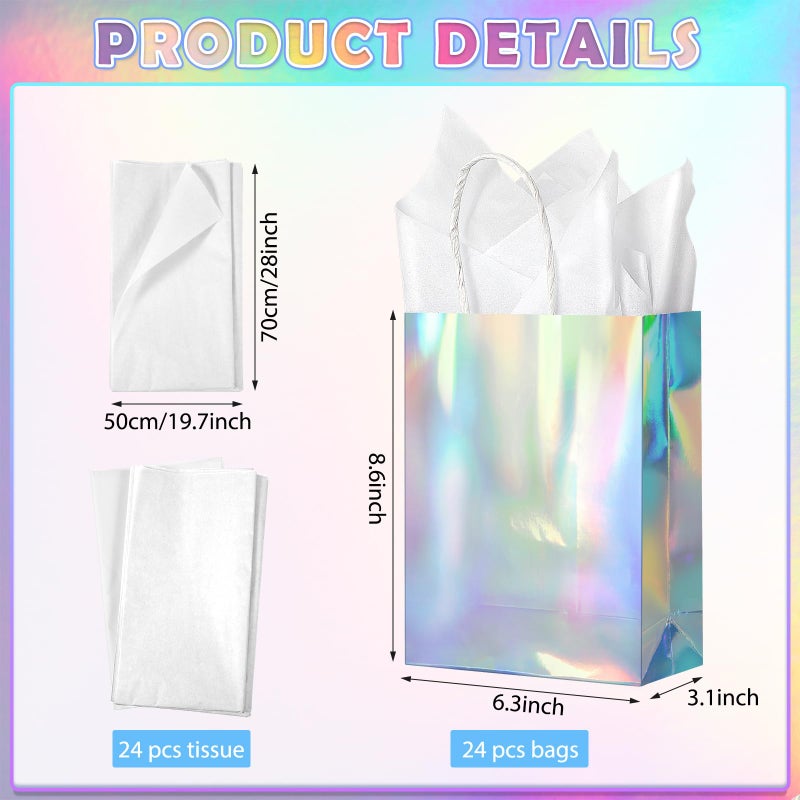 Pascliyna 24 Pcs Iridescent Gift Bags Decorations, Holographic Foil Party Favor Bags with Handles, Glitter Paper Candy Goodie Bag with 24 Tissue Paper for Graduation Birthday Baby Shower Party Supplies - Image 2