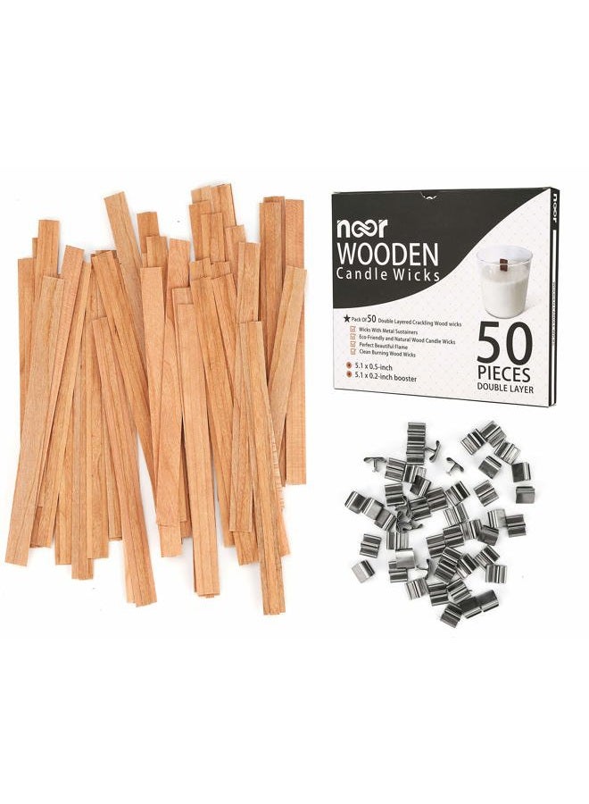 Noor Wood Wicks for Candles Making - 50 Pieces Smokeless Wooden Wicks with Booster. Crackling Wood Wick with Metal Clips for Candle Making and DIY Candle Craft - Image 1