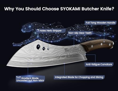 SYOKAMI butcher knife for meat cutting, 10 Inch Cleaver with Herb Stripper, Japanese Style High Carbon Steel Kitchen Chef Knife for Chopping & Slicing, Full Tang Wood Handle, Damascus Pattern - Image 2