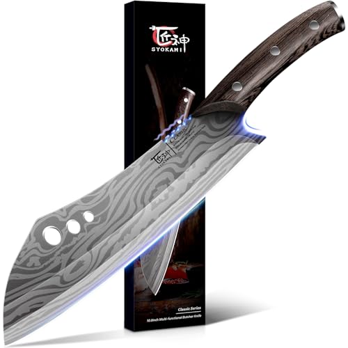 SYOKAMI butcher knife for meat cutting, 10 Inch Cleaver with Herb Stripper, Japanese Style High Carbon Steel Kitchen Chef Knife for Chopping & Slicing, Full Tang Wood Handle, Damascus Pattern - Image 1