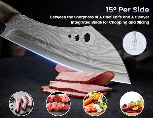 SYOKAMI butcher knife for meat cutting, 10 Inch Cleaver with Herb Stripper, Japanese Style High Carbon Steel Kitchen Chef Knife for Chopping & Slicing, Full Tang Wood Handle, Damascus Pattern - Image 4