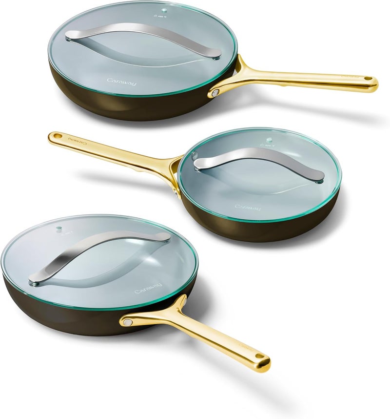 CARAWAY طقم مقالي كارواي السيراميكية غير اللاصقة مع أغطية زجاجية يشمل مقالي 105 مقاسين ومقلاة 8 بوصة وثلاثة أغطية خالية من المواد السامة PTFE و PFOA آمنة للاستخدام في الفرن متوافقة مع جميع أنواع المواقد باللون الأسود - Image 1