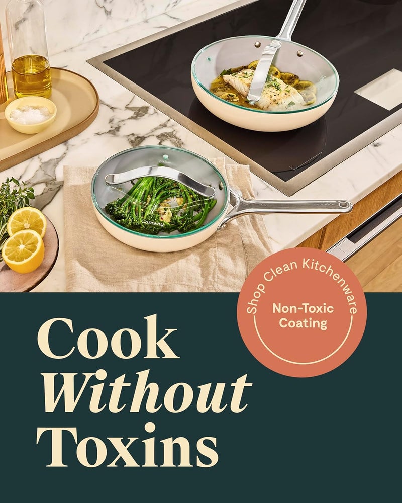 CARAWAY طقم مقالي كارواي السيراميكية غير اللاصقة مع أغطية زجاجية يشمل مقالي 105 مقاسين ومقلاة 8 بوصة وثلاثة أغطية خالية من المواد السامة PTFE و PFOA آمنة للاستخدام في الفرن متوافقة مع جميع أنواع المواقد باللون الأسود - Image 2