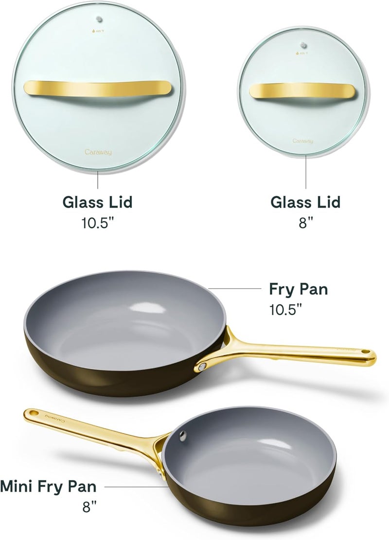 CARAWAY طقم مقالي كارواي السيراميكية غير اللاصقة مع أغطية زجاجية يشمل مقالي 105 مقاسين ومقلاة 8 بوصة وثلاثة أغطية خالية من المواد السامة PTFE و PFOA آمنة للاستخدام في الفرن متوافقة مع جميع أنواع المواقد باللون الأسود - Image 3