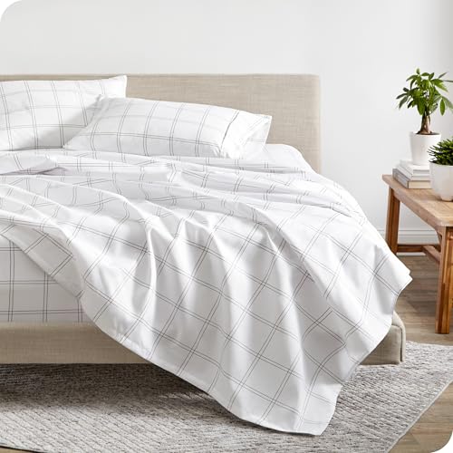 Bare Home طقم ملاءات كوين من بار هوم - فاخر 1800 ميكروفايبر فائق النعومة مزدوج الفرش - جيوب عميقة - تركيب سهل - 4 قطع (كوين، تصميم حديث - أبيض/رمادي) - Image 1