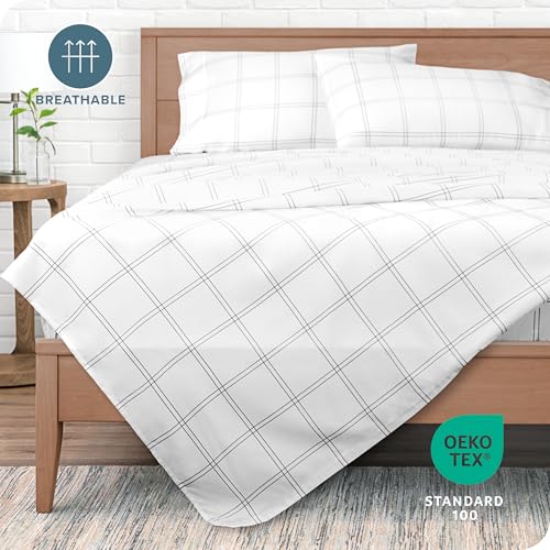 Bare Home طقم ملاءات كوين من بار هوم - فاخر 1800 ميكروفايبر فائق النعومة مزدوج الفرش - جيوب عميقة - تركيب سهل - 4 قطع (كوين، تصميم حديث - أبيض/رمادي) - Image 4