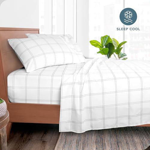 Bare Home طقم ملاءات كوين من بار هوم - فاخر 1800 ميكروفايبر فائق النعومة مزدوج الفرش - جيوب عميقة - تركيب سهل - 4 قطع (كوين، تصميم حديث - أبيض/رمادي) - Image 2
