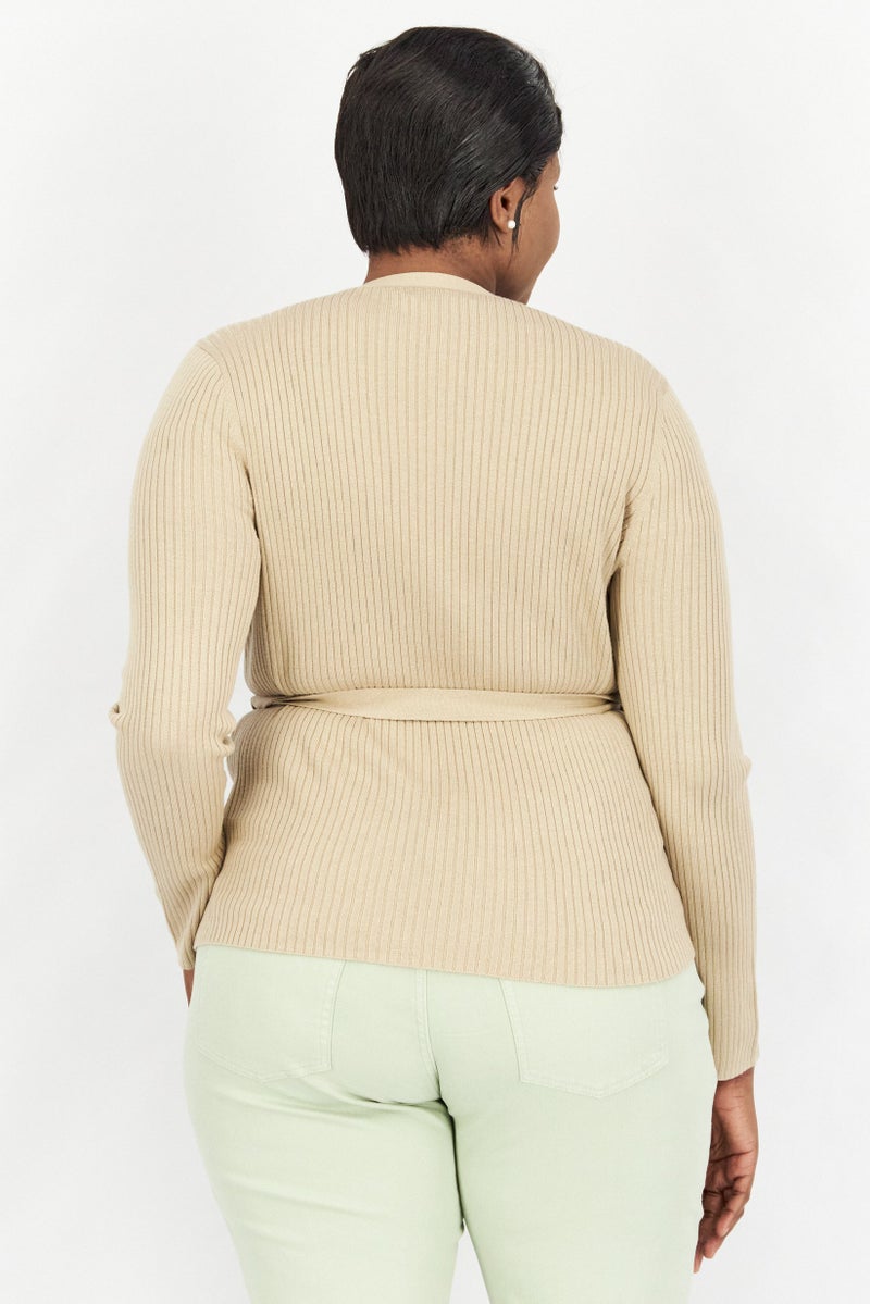 Lauren by Ralph Lauren Women Open Front Belted Knit Cardigan, Tan  - Image 3