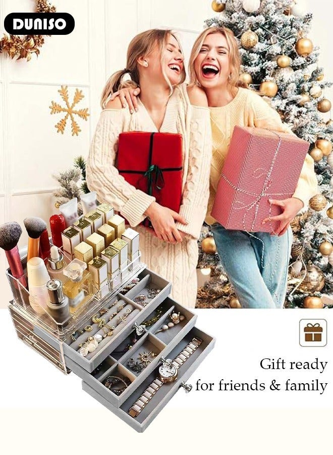 DUNISO Multi-function Jewelry Organizer Box with Tissue Box, 3 Drawers Clear Anti-oxidation Jewelry Boxes with Lipstick Makeup Brush Tray Top, Detachable Velvet Jewelry Display Case for Earring, Bangle, Bracelet, Necklace and Cosmetic - Image 3
