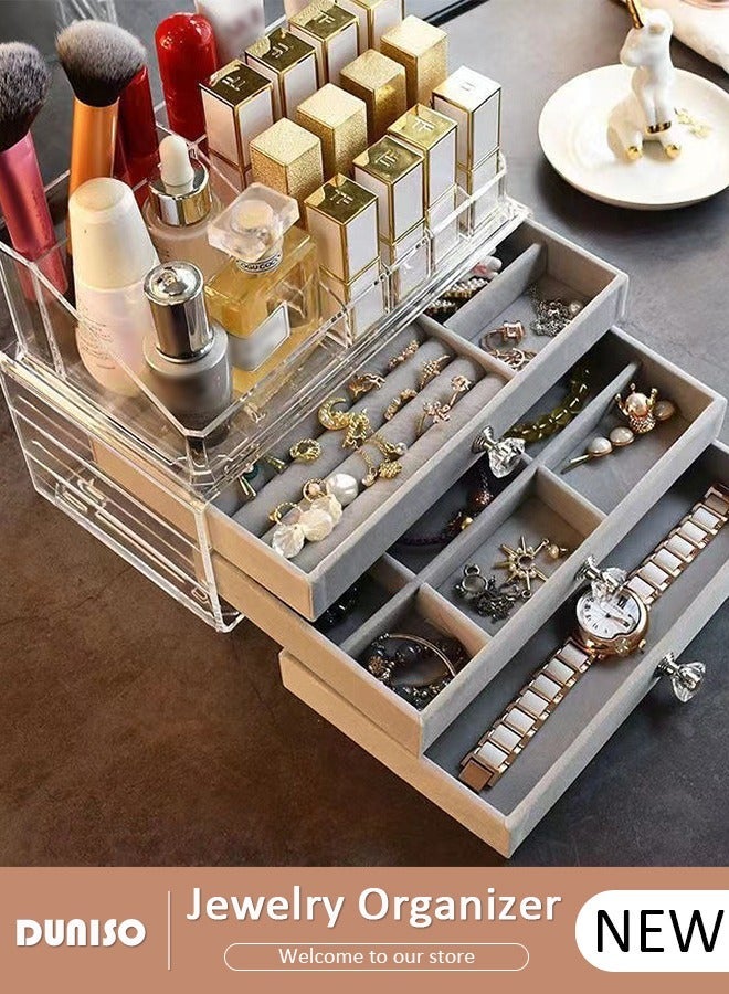 DUNISO Multi-function Jewelry Organizer Box with Tissue Box, 3 Drawers Clear Anti-oxidation Jewelry Boxes with Lipstick Makeup Brush Tray Top, Detachable Velvet Jewelry Display Case for Earring, Bangle, Bracelet, Necklace and Cosmetic - Image 1