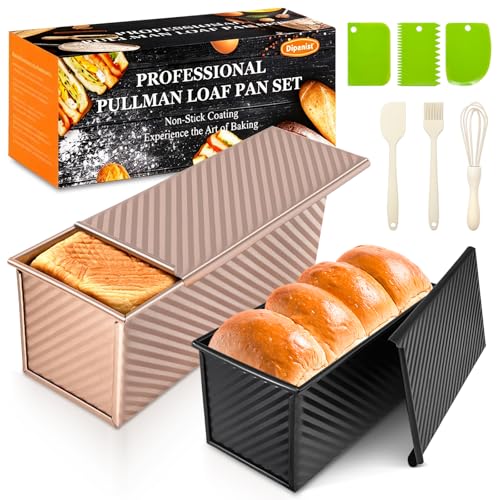 Dipanist 2Pack Pullman Loaf Pans with Lids – 2.2 LB & 1 LB Dough Capacity, Non-Stick Carbon Steel Bread Pans for Homemade Sandwich and Sourdough Bread, Corrugated Toast Mold - Image 1