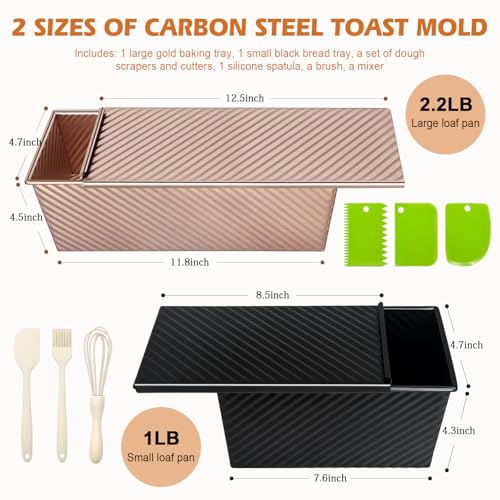 Dipanist 2Pack Pullman Loaf Pans with Lids – 2.2 LB & 1 LB Dough Capacity, Non-Stick Carbon Steel Bread Pans for Homemade Sandwich and Sourdough Bread, Corrugated Toast Mold - Image 2