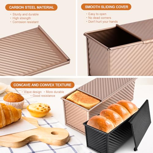 Dipanist 2Pack Pullman Loaf Pans with Lids – 2.2 LB & 1 LB Dough Capacity, Non-Stick Carbon Steel Bread Pans for Homemade Sandwich and Sourdough Bread, Corrugated Toast Mold - Image 5