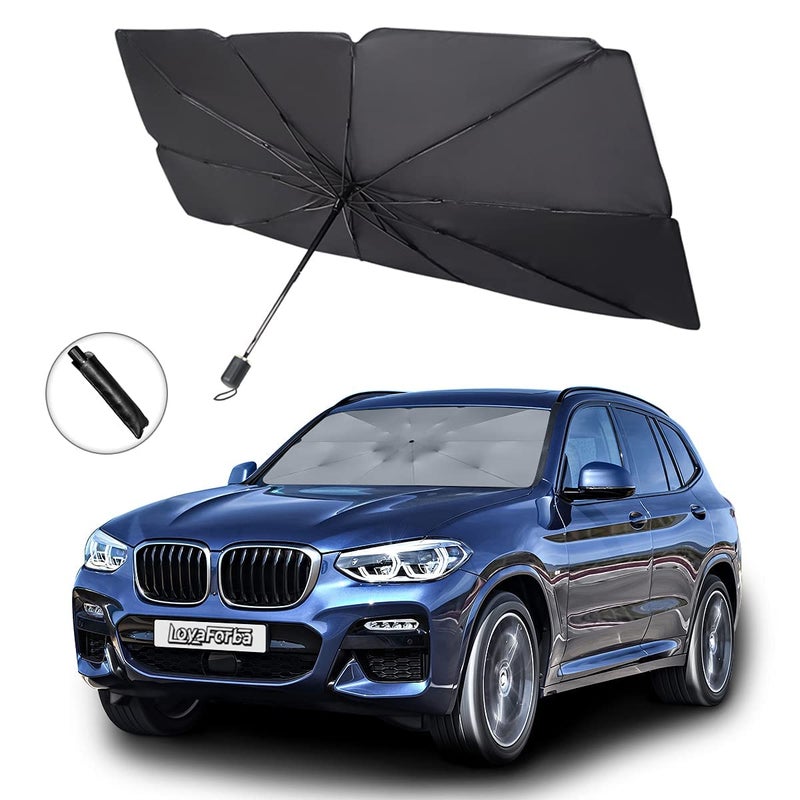 Showay car sun shade umbrella for windshieldfoldable sunshades front windshield Blocks UV Rays heat 145cm79cm Black  Silver