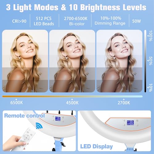 MACTREM Ring Light 22inch Kit: Ring Light Tripod for iPhone ipad, with 75" Tripod/LCD Display/2 USB Ports Overhead Phone Mount for Video Recording, Zoom Meeting,YouTube,TikTok (Blue) - Image 4