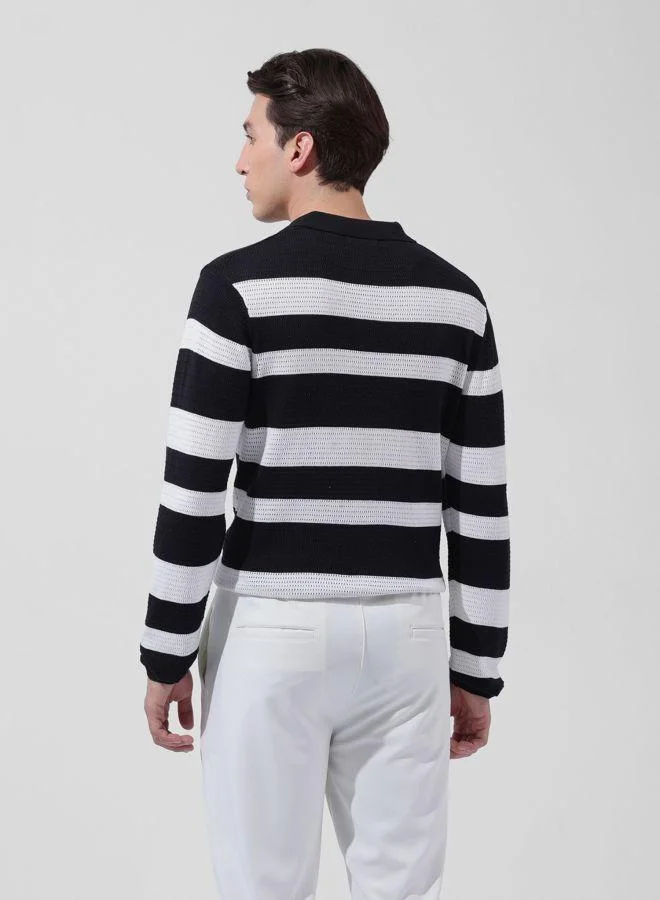 شركة المرآب الهندية Men Slim Fit Striped Polo Neck Full Sleeves T-Shirt