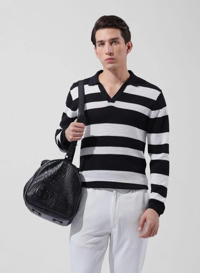 شركة المرآب الهندية Men Slim Fit Striped Polo Neck Full Sleeves T-Shirt