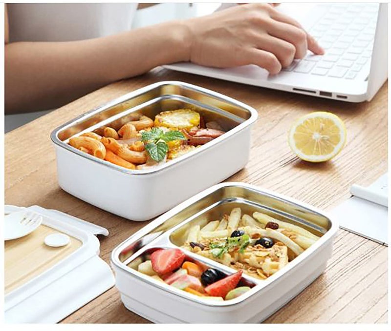 REMANG Lunch Box For KidsAdult Ss 3 Compartment Insulated Thermal Bento Lunch Box School Office Tiffin Snacks Box White Stainless Steel Plastic 1400 ML - Image 2