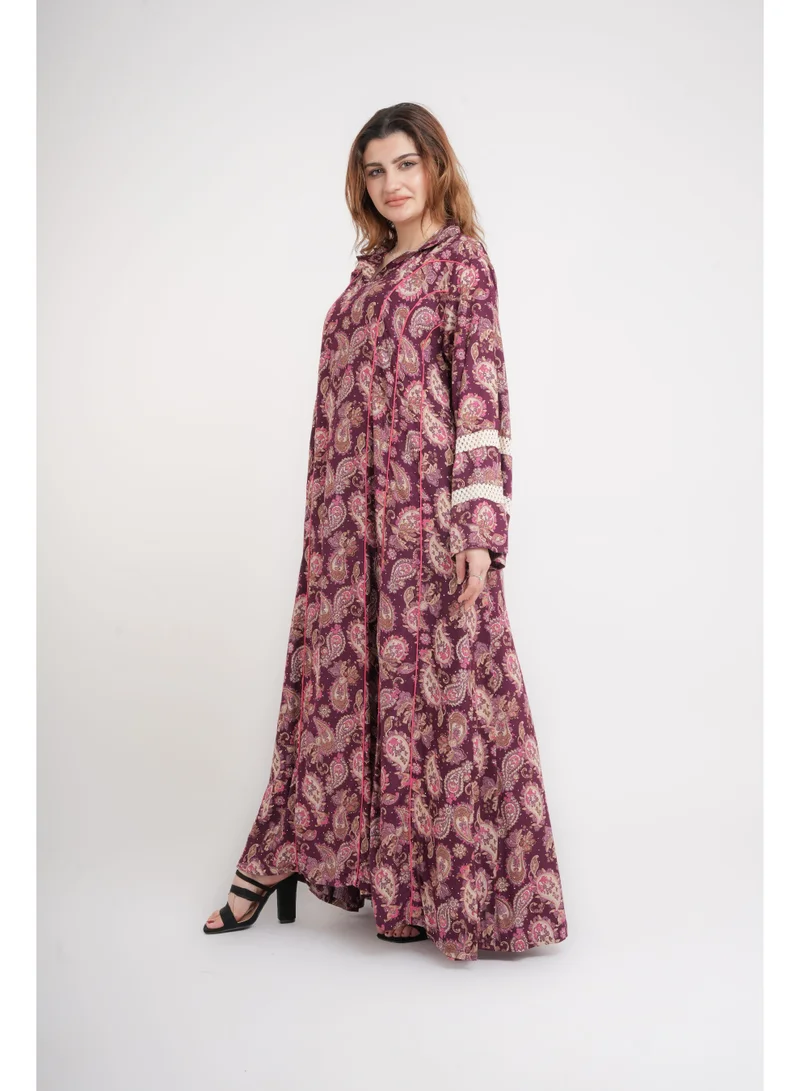IKKXA Elegant Patterns Collared Jalabiya IN100 Maroon