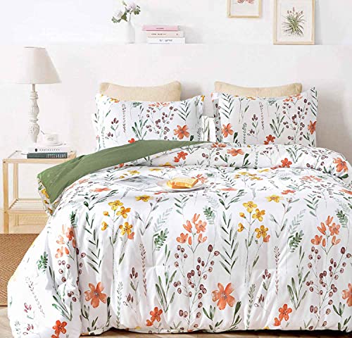 Twin Size Comforter Set White Yellow Floral Green Leaf Pattern Print Reversible Down Alternative Bed Sets 68 x 90 2PC Soft Microfiber Flower Duvet Vintage Farmhouse Bedding in a Bag for Women Men