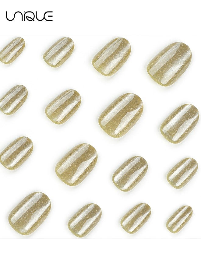 Unique 24Pcs Fake Nails, Press Nails,Short Ballet Nails - Cat's Eye Short Oval Manicure - Osman thus Yellow Shiny Nail Art - Fake Nail Patch - Image 2