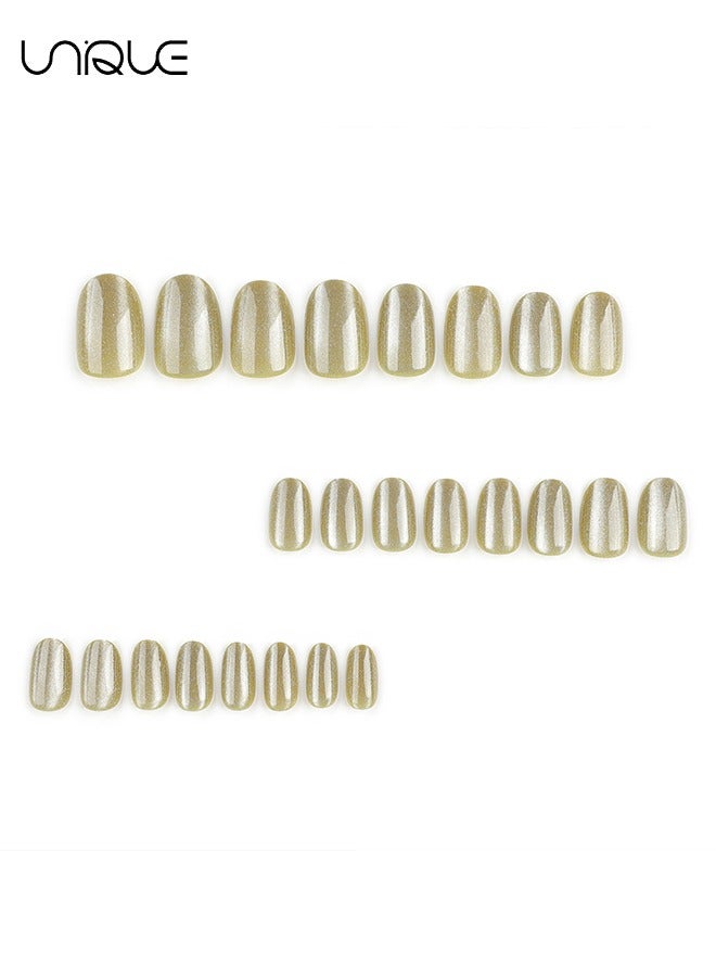 Unique 24Pcs Fake Nails, Press Nails,Short Ballet Nails - Cat's Eye Short Oval Manicure - Osman thus Yellow Shiny Nail Art - Fake Nail Patch - Image 4