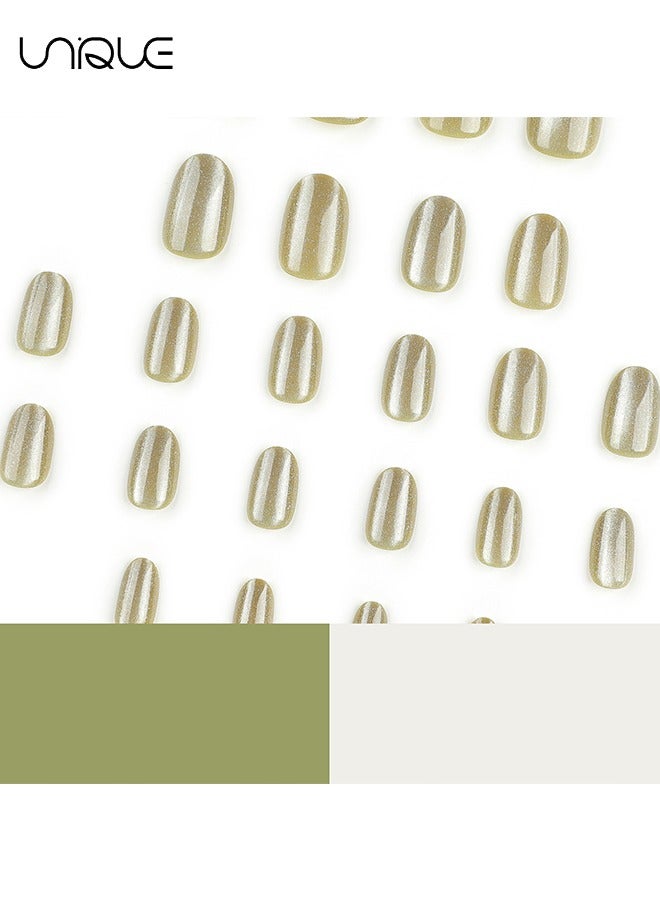 Unique 24Pcs Fake Nails, Press Nails,Short Ballet Nails - Cat's Eye Short Oval Manicure - Osman thus Yellow Shiny Nail Art - Fake Nail Patch - Image 3