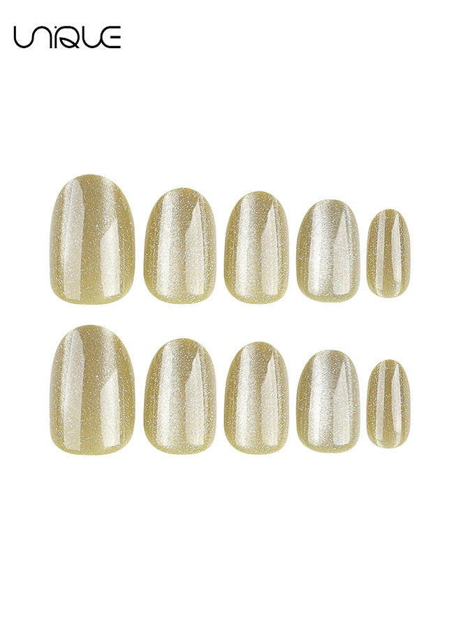 Unique 24Pcs Fake Nails, Press Nails,Short Ballet Nails - Cat's Eye Short Oval Manicure - Osman thus Yellow Shiny Nail Art - Fake Nail Patch - Image 5