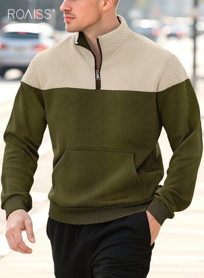 رويس بلوفر رجالي يومي كاجوال بخياطة ثنائية اللون وياقة واقفة وسحاب بدون غطاء للرأس وسويت شيرت بأكمام طويلة ومربع صغير وسترة مربعة الشكل وجيب كنغر وملابس عمل - Image 1
