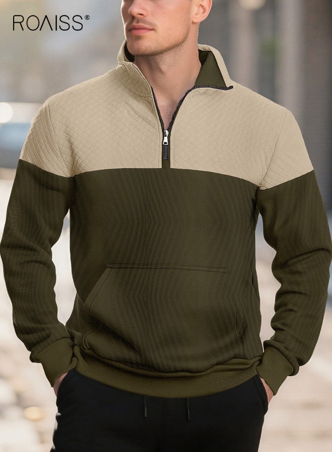 رويس بلوفر رجالي يومي كاجوال بخياطة ثنائية اللون وياقة واقفة وسحاب بدون غطاء للرأس وسويت شيرت بأكمام طويلة ومربع صغير وسترة مربعة الشكل وجيب كنغر وملابس عمل - Image 2