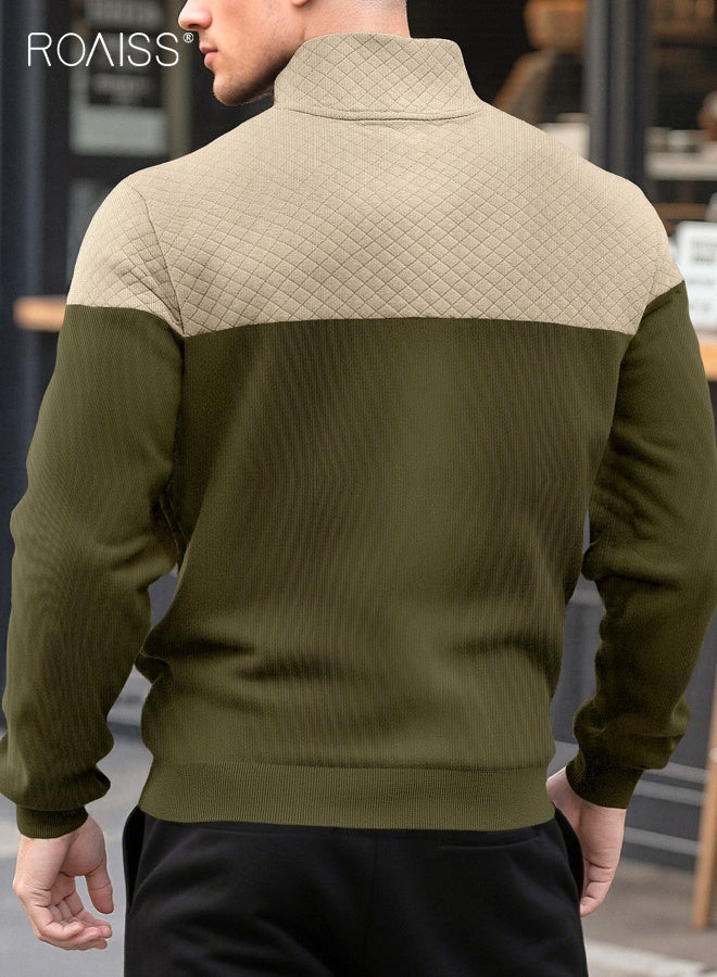 رويس بلوفر رجالي يومي كاجوال بخياطة ثنائية اللون وياقة واقفة وسحاب بدون غطاء للرأس وسويت شيرت بأكمام طويلة ومربع صغير وسترة مربعة الشكل وجيب كنغر وملابس عمل - Image 3