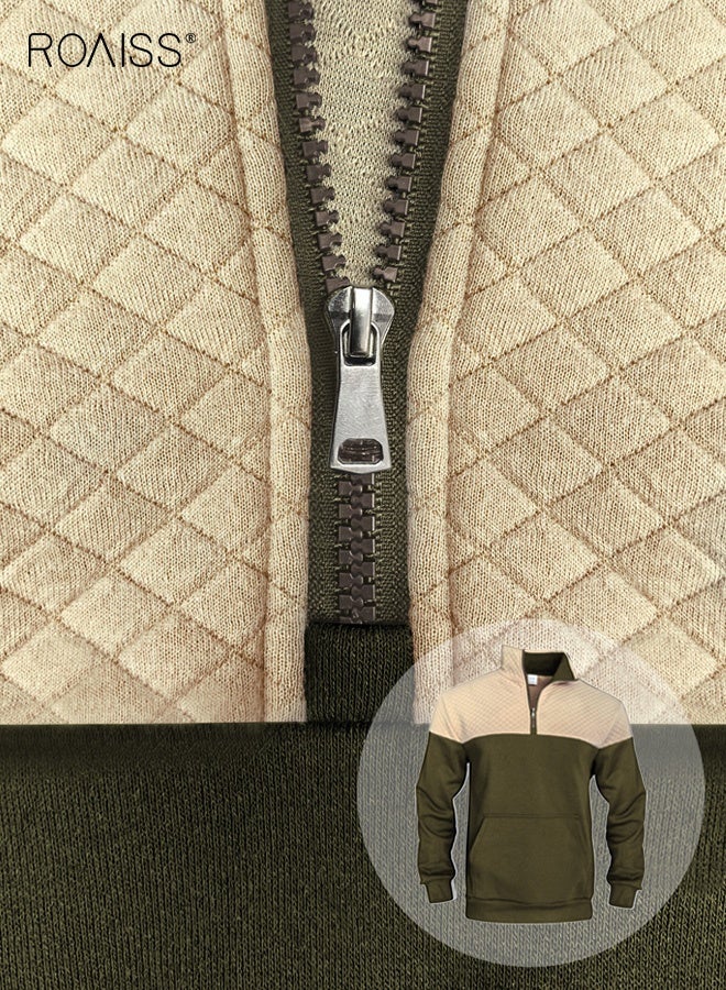 رويس بلوفر رجالي يومي كاجوال بخياطة ثنائية اللون وياقة واقفة وسحاب بدون غطاء للرأس وسويت شيرت بأكمام طويلة ومربع صغير وسترة مربعة الشكل وجيب كنغر وملابس عمل - Image 5