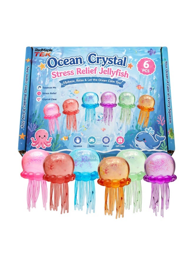 RedMapleTEK 6 Pack Jellyfish Squishy Stress Relief Toys, Crystal Glitter Squeeze Toys, Cute Ocean Themed Sensory Fidget Toys for Kids & Adults - Image 1