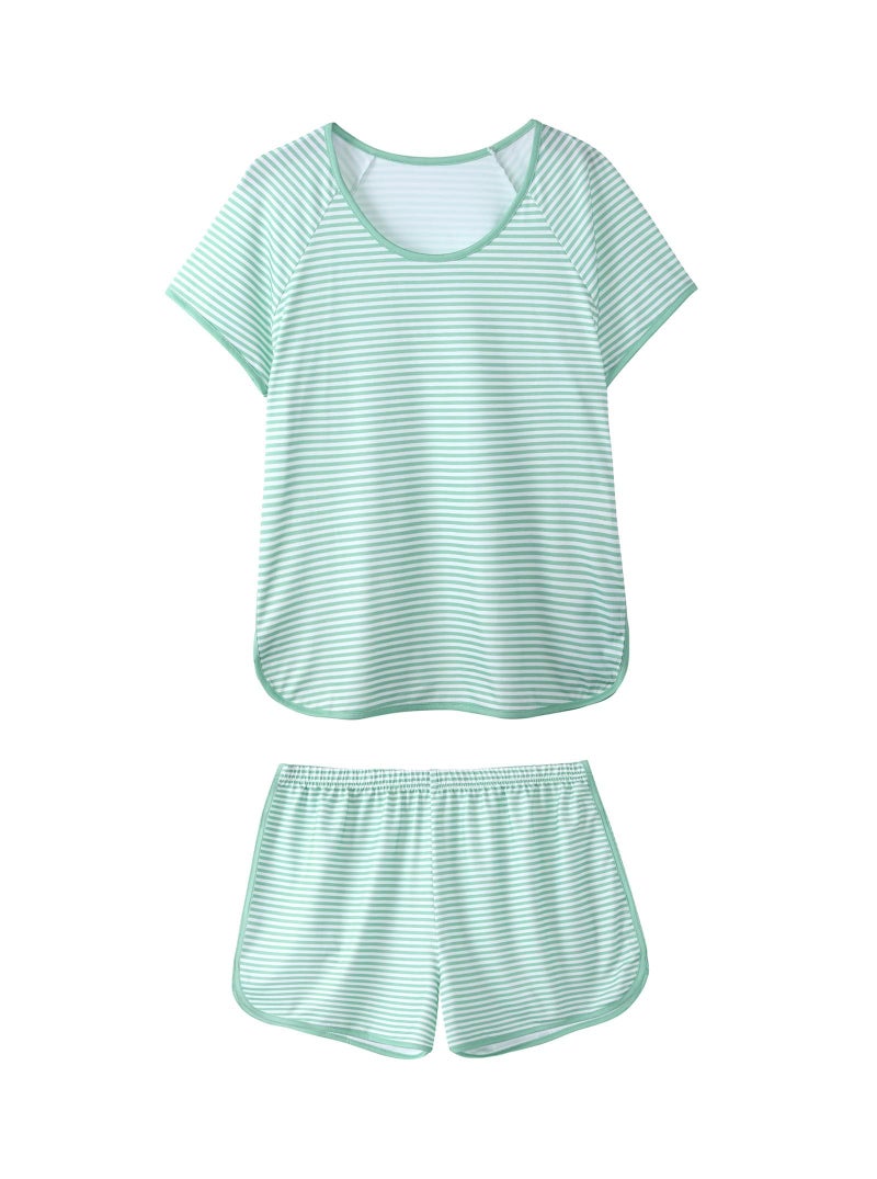 Hilinker Women Striped Pajama Set Short Sleeve Top with Shorts Sleepwear 2 Piece Lounge Sets Green White Stripe Small - Image 1